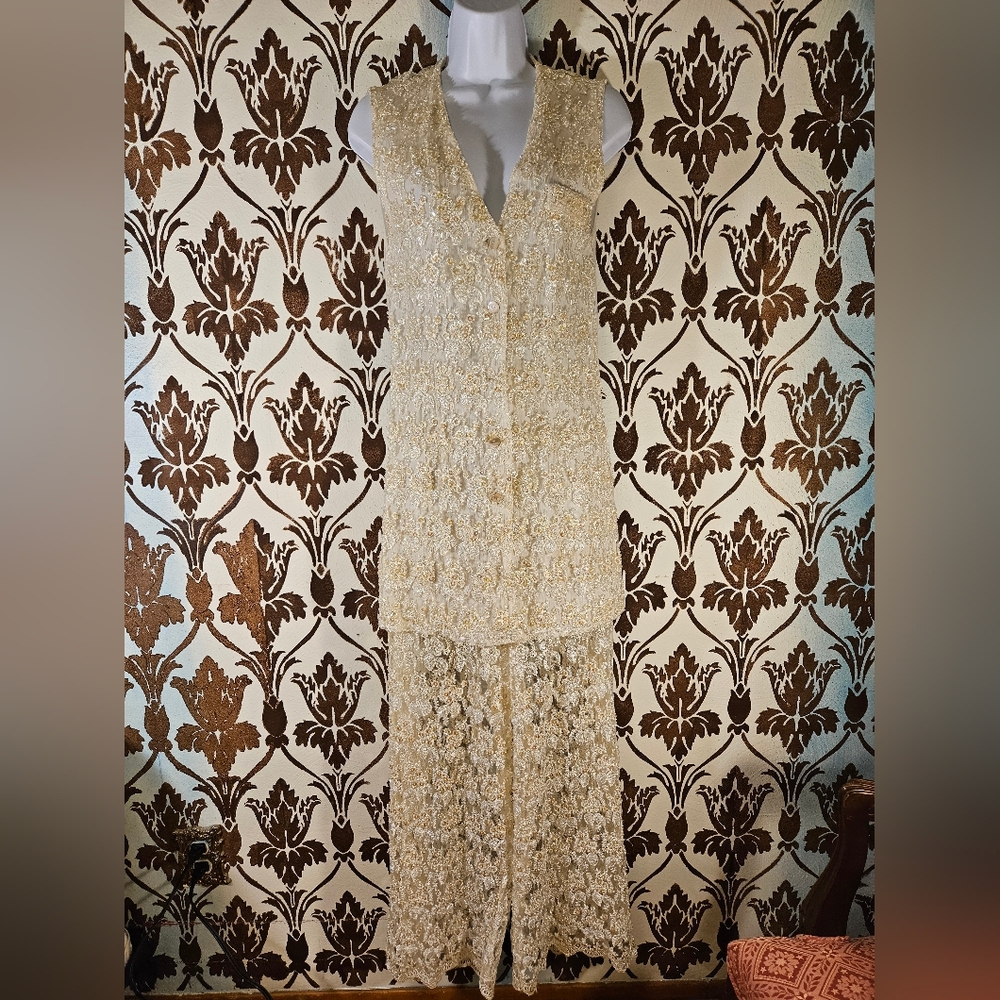 Vtg.THE ICING 2-pc. Top-Pants Set Lace-Beaded-Embellished-Women's M 90s Y2k